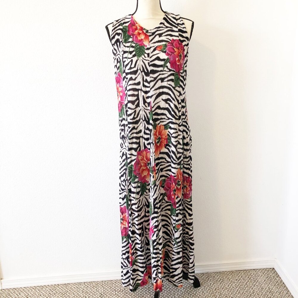 NOSTALGIA Zebra Print Floral Sleeveless Tank Maxi Dress Womens Medium